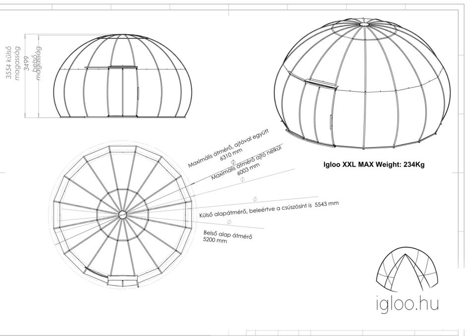 Az Igloo XXL MAX méretrajza: oldal- és felülnézet átmérőkkel, magassággal és tömeggel